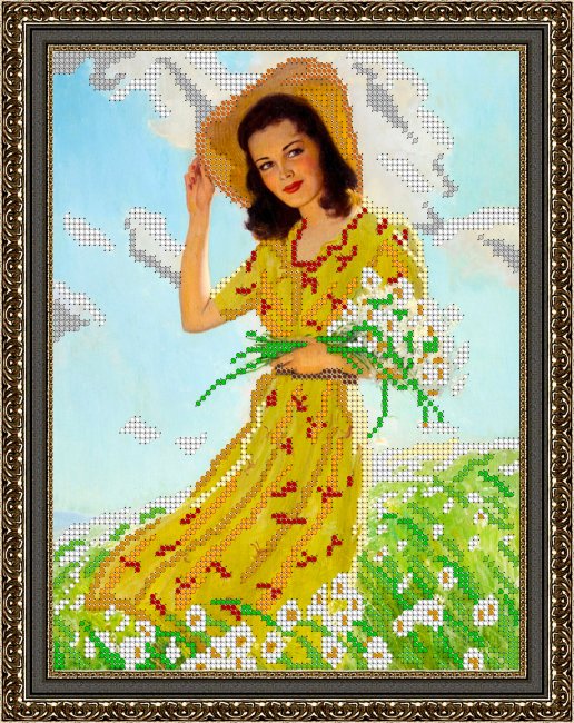 картинка Рисунок на ткани для вышивания бисером «Девушка с ромашками» 19х24см  от магазина Пряжа Макошь Ярославль