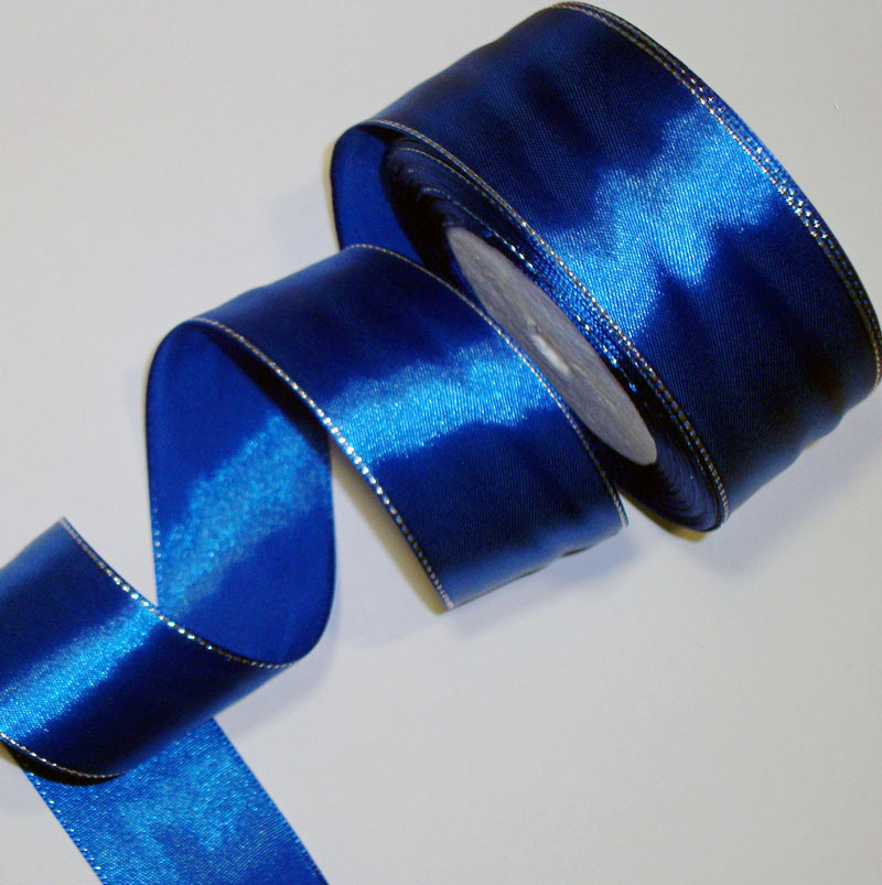 картинка Лента атласная 4см*25 ярд синий с серебром от магазина Пряжа Макошь Ярославль