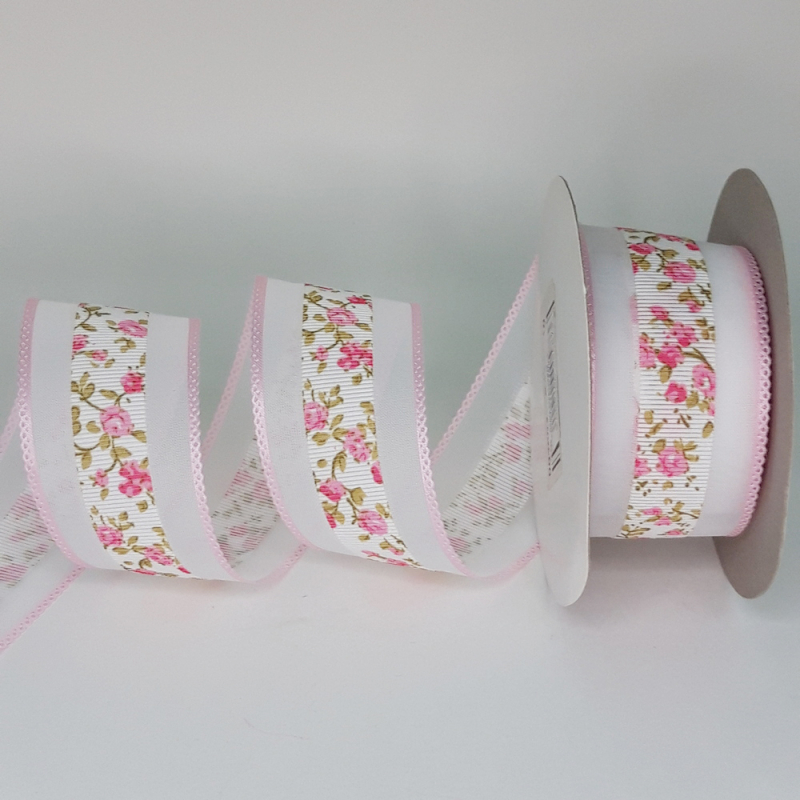 картинка Лента декоративная 40мм-1м цв.белый с розовой отделкой от магазина Пряжа Макошь Ярославль