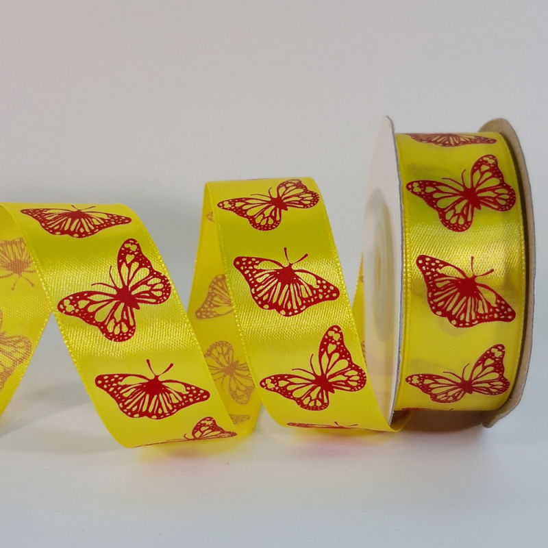 картинка 25мм-1м Лента атласная с бабочками цв.желтый от магазина Пряжа Макошь Ярославль
